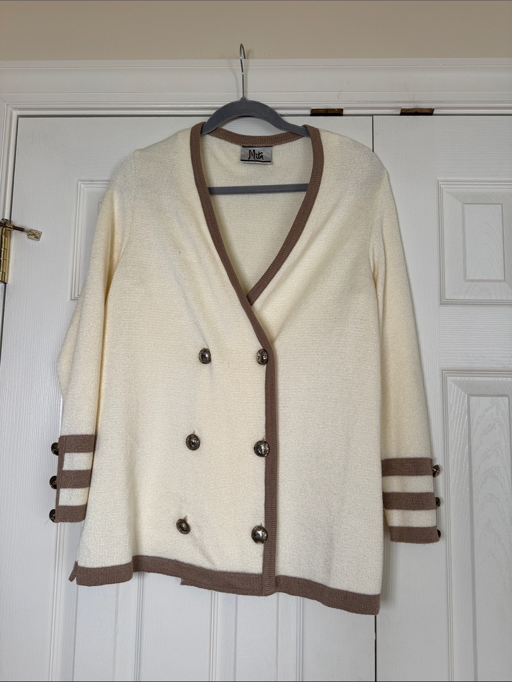 Mita Vintage Ivory cream & Brown Trim Double-Breasted Knit Cardigan Size 10